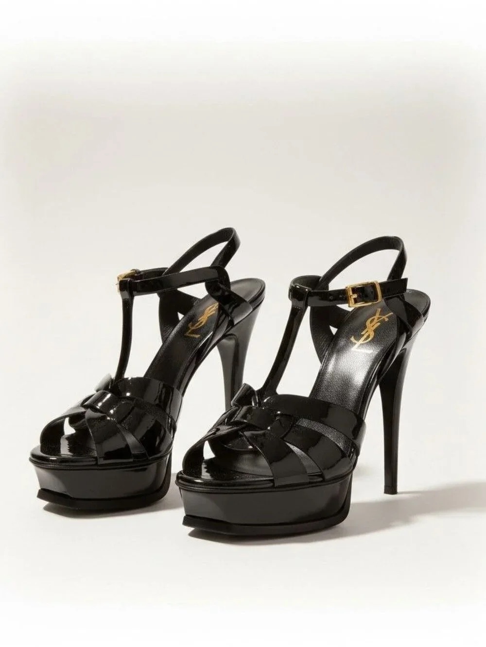 YSL • Tribute Platform Sandal in Patent Leather black t-strap stiletto heel